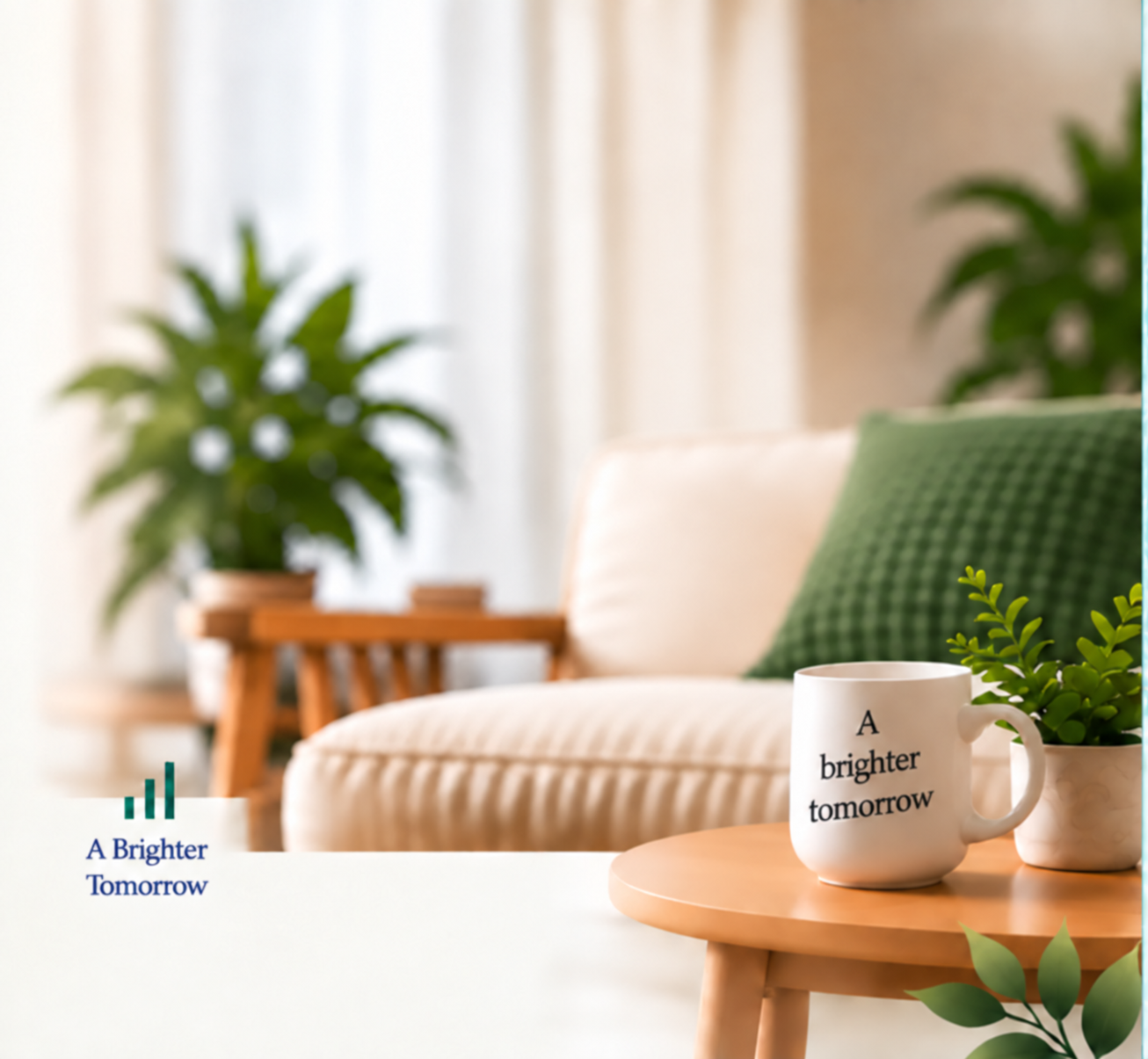 A peaceful counselling room with a chair, table, mug and plant